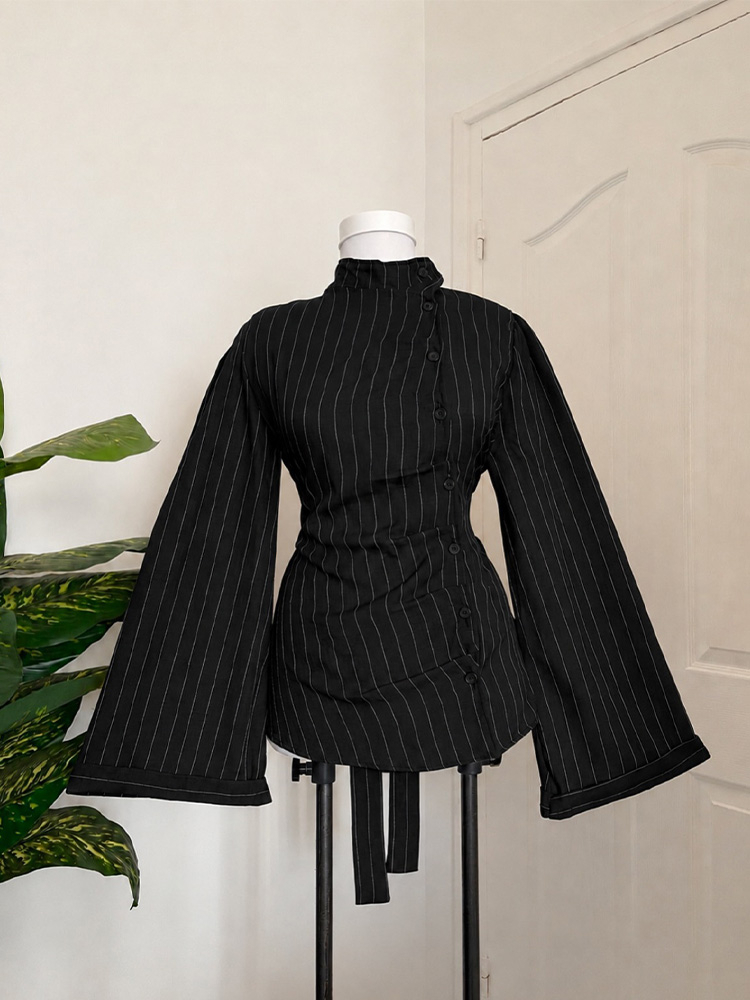 Women Fashion Necktie - بلوزة نسائية بأكمام طويلة، بتصميم مخطط